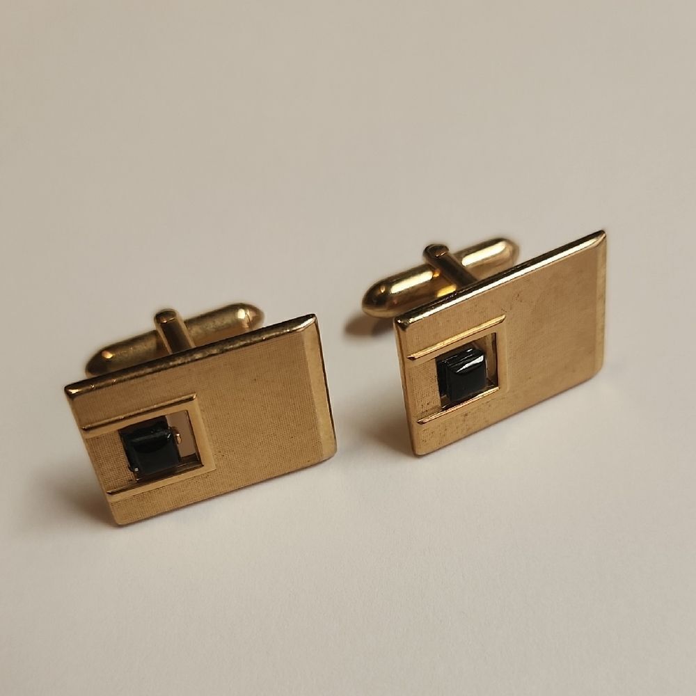 Mid Century SWANK Gold Tone Cufflinks with Black Accent